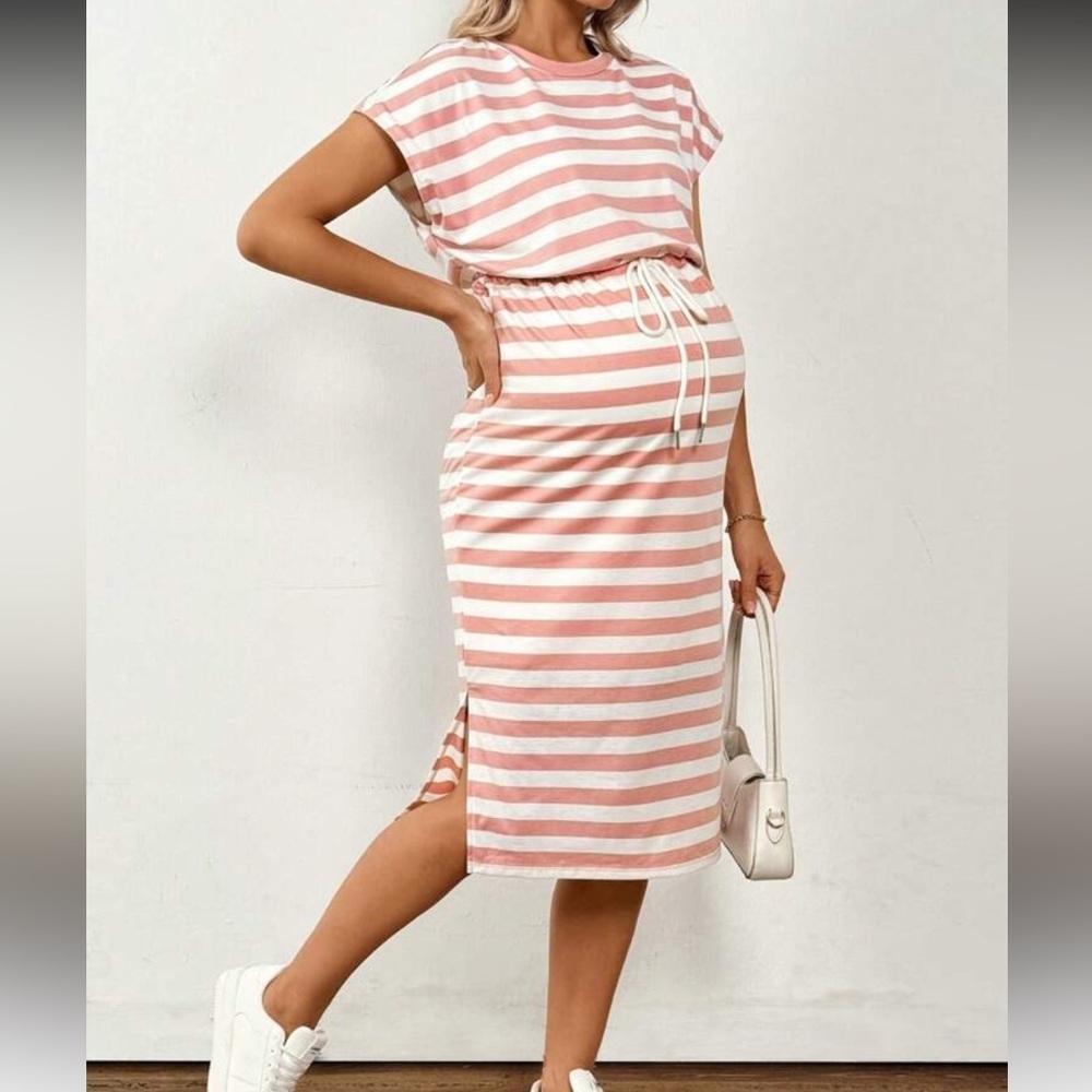 SHEIN Maternity Striped Drop Shoulder Drawstring Waist Split Midi Dress - Picture 3 of 5